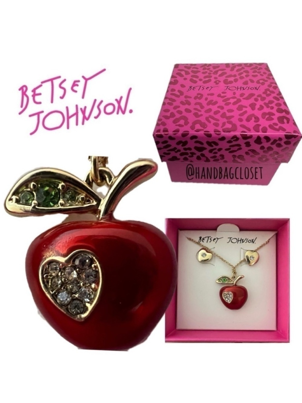 Betsey Johnson Apple Red Heart Earrings and Necklace Box Set Gift for Teacher